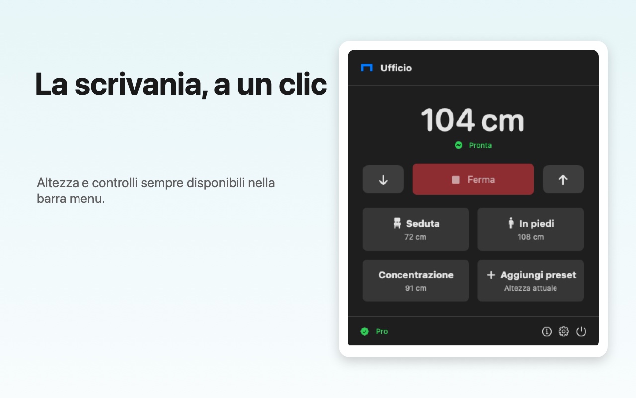 Finestra di StandPilot nella barra menu con controlli e preset di altezza
