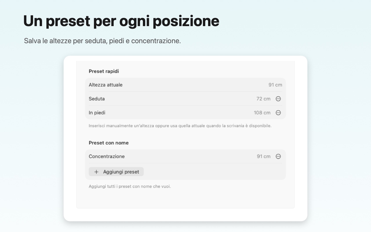 Impostazioni dei preset StandPilot per posizione seduta, in piedi e altezze personalizzate